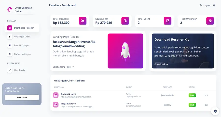 Dashboar Reseller Undangan Website Envita